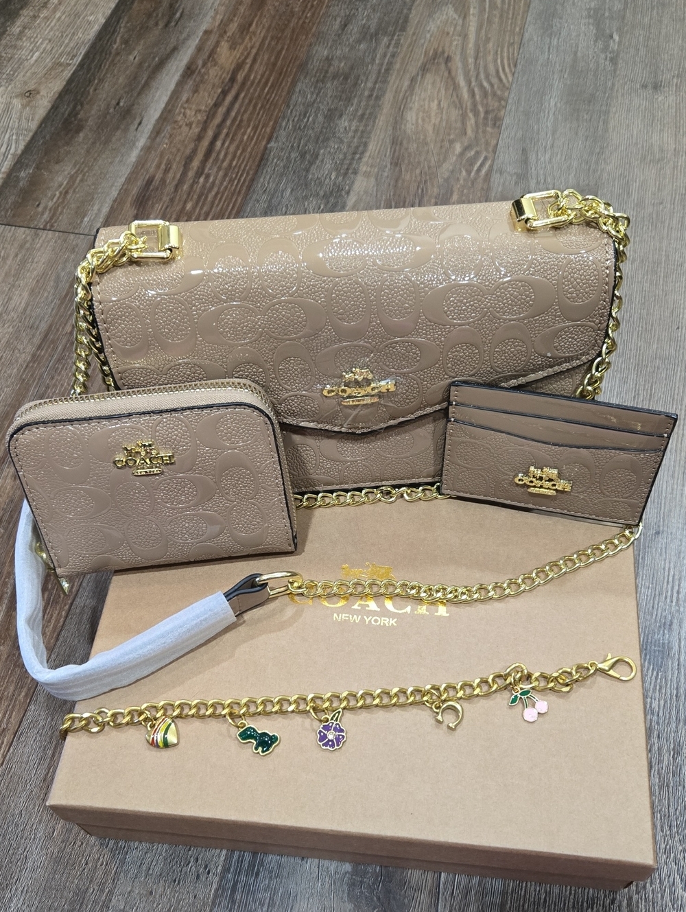 Coach Patent Signature Crossbody Bag with Wallet & Card Case in Taupe Beige